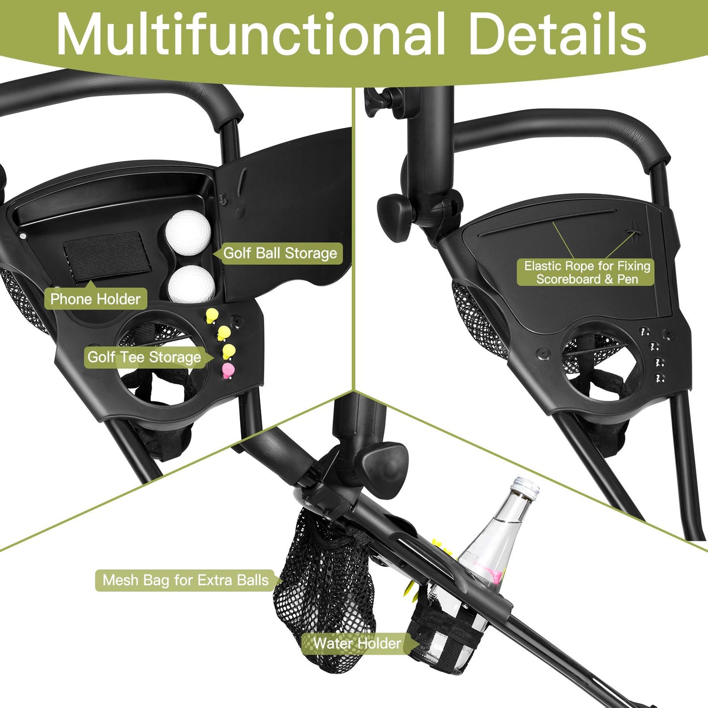 3 Wheel Folding Golf Push Cart with Adjustable Handle and Foot Brake