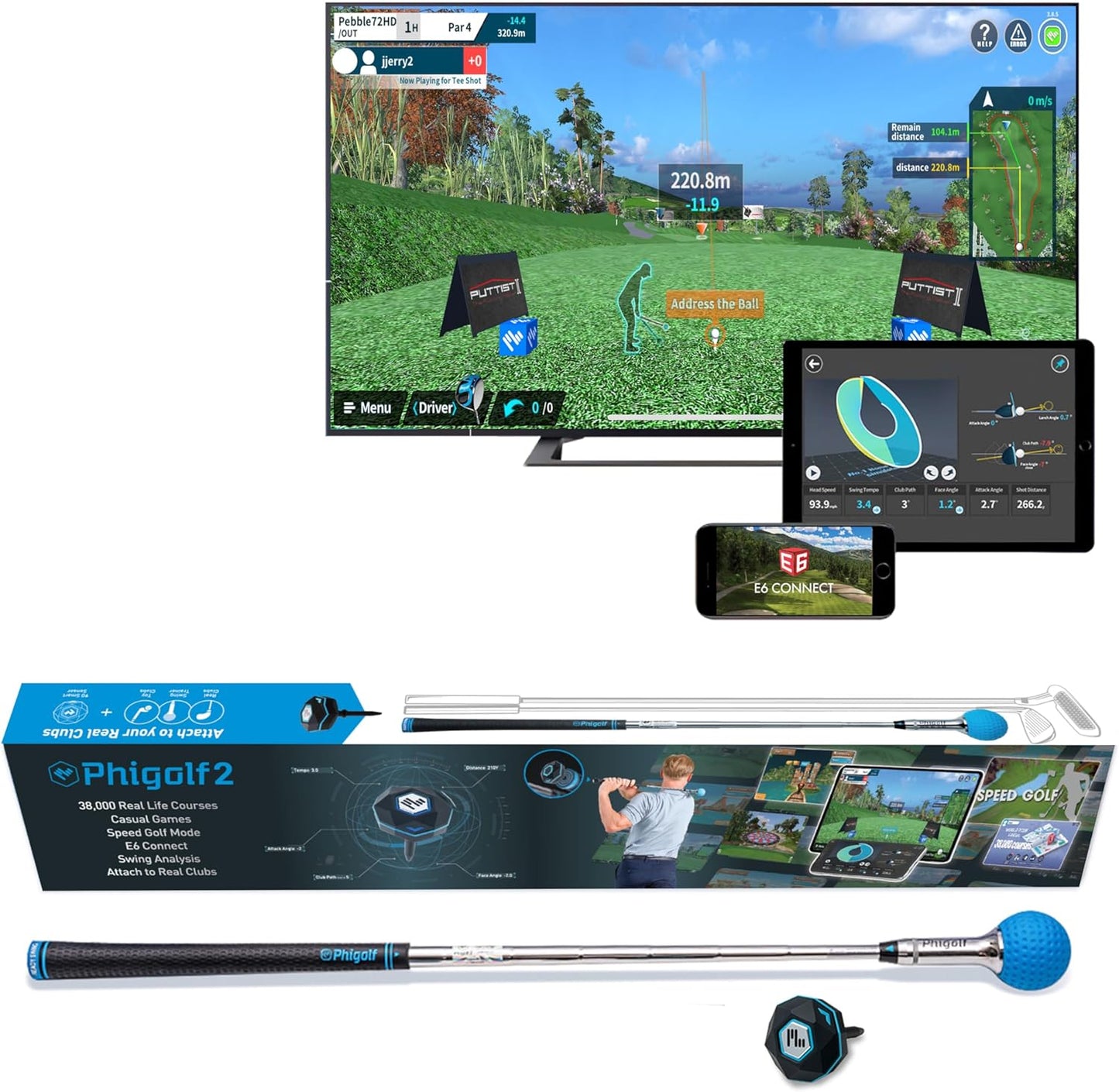 2 Home Golf Game Simulator: Enjoy Interactive Golf with Motion Sensor & Swing Stick for Indoor & Outdoor Fun – 38,000+ Courses Worldwide, Compatible with Android, Ios, App & E6 Connect