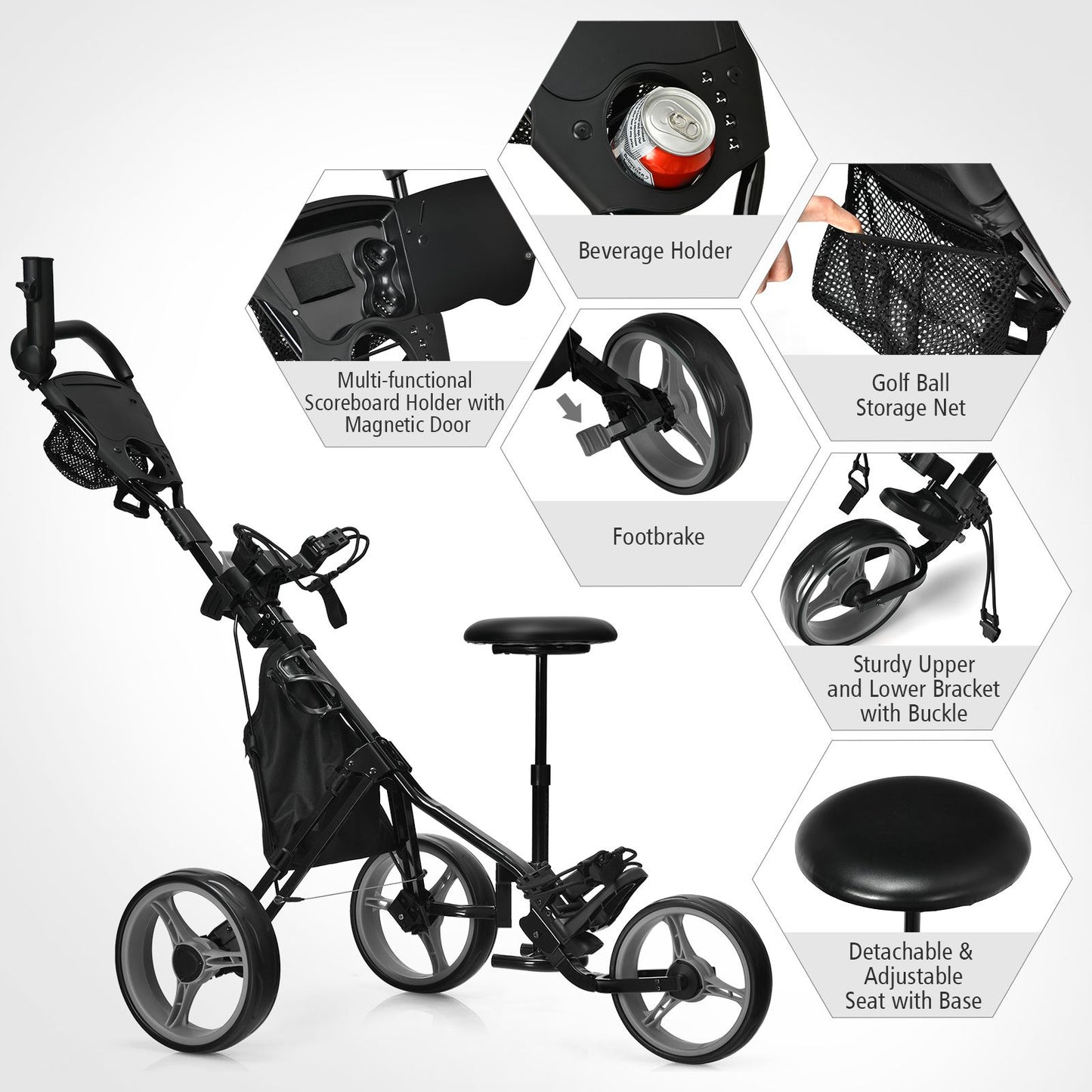 Golf Push Pull trolley with Storage Bag and Foot Brake
