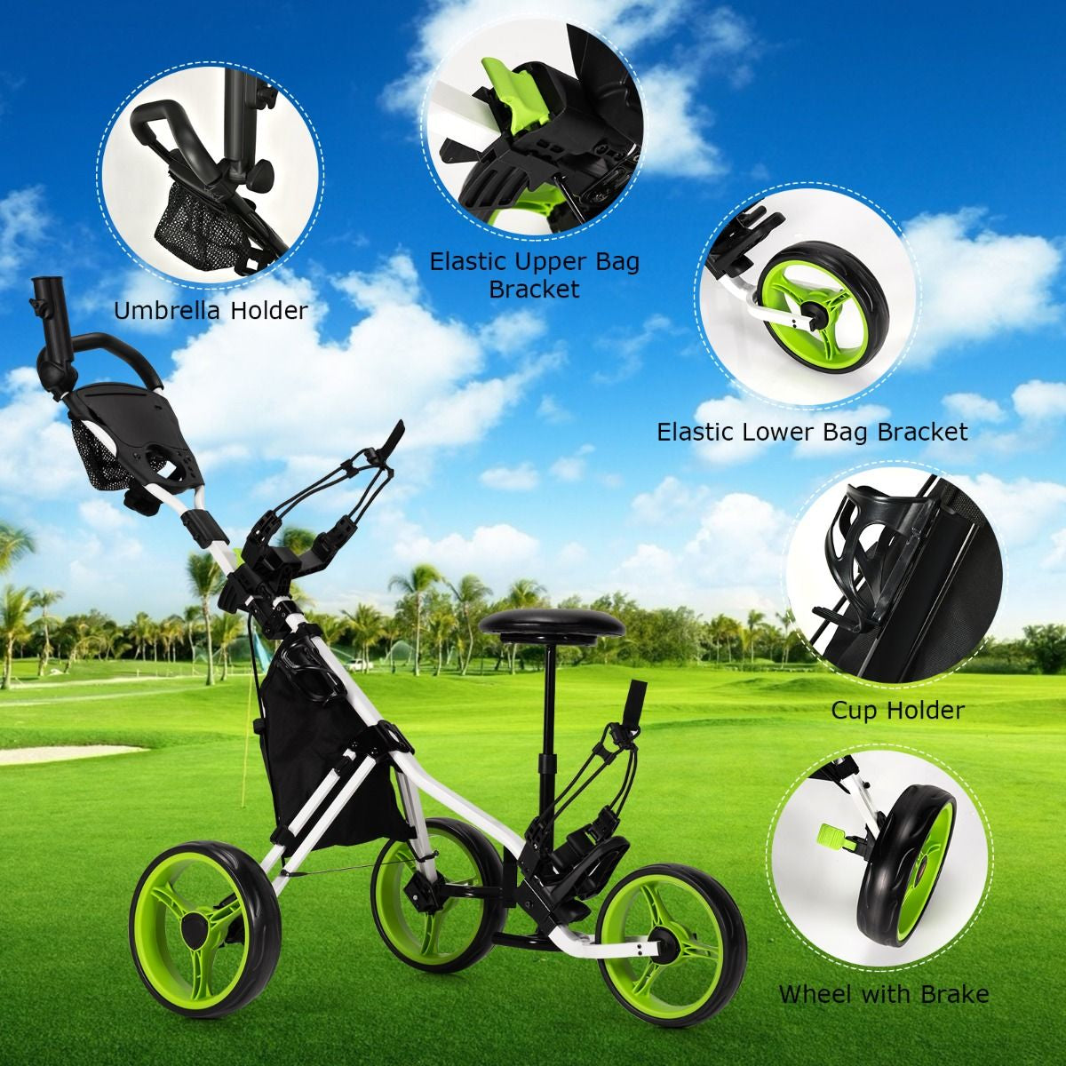 Golf Push Pull trolley with Storage Bag and Foot Brake