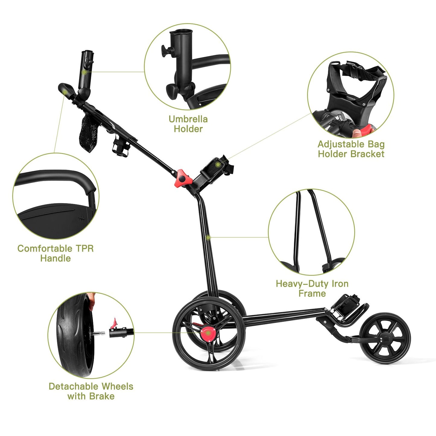 3 Wheel Folding Golf Push Cart with Adjustable Handle and Foot Brake