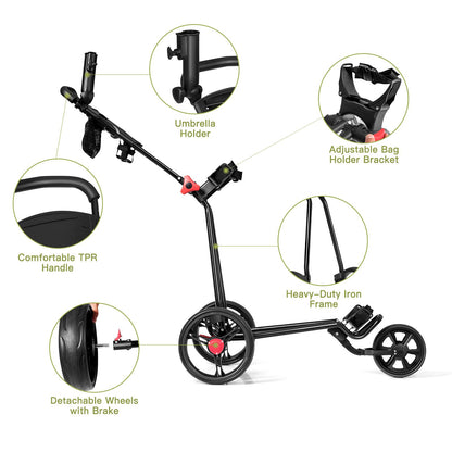 3 Wheel Folding Golf Push Cart with Adjustable Handle and Foot Brake