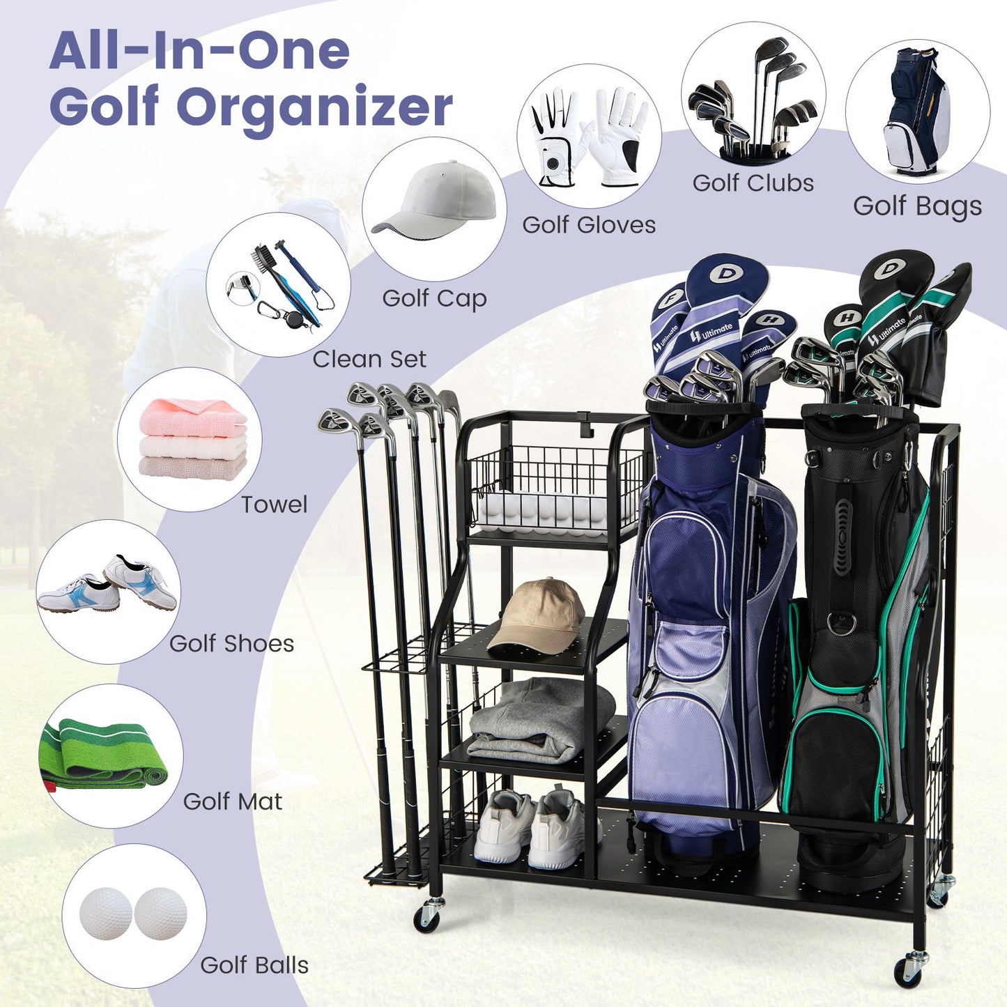 5-In-1 Golf Bag Storage Organizer with Storage Basket