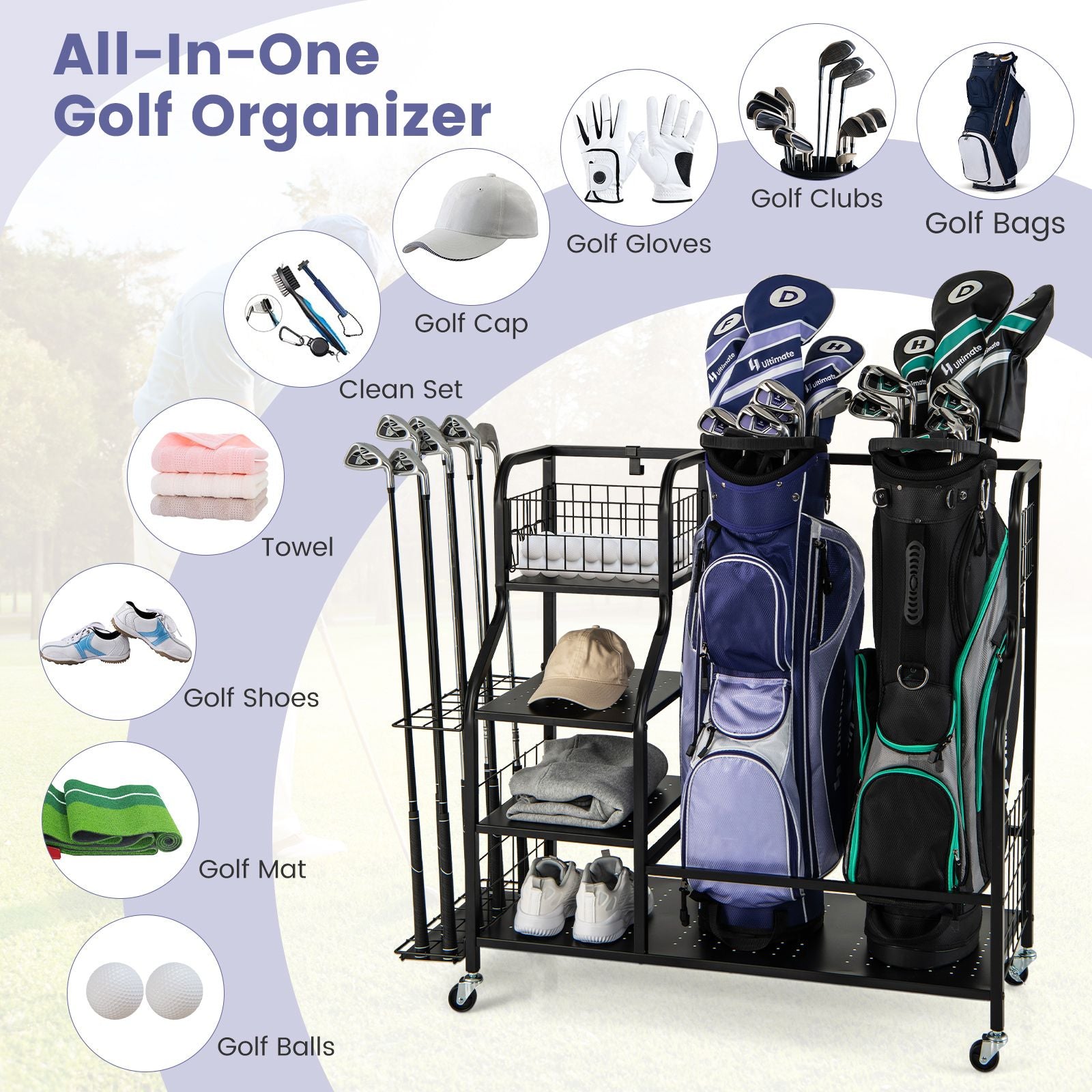 5-In-1 Golf Bag Storage Organizer with Storage Basket