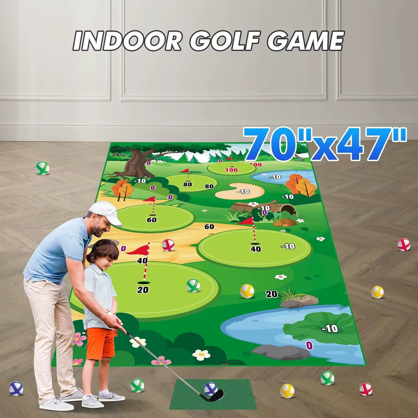 Golf Chipping Game Mat with Club Practice Training Indoor Outdoor Hitting Mat 20-Balls for Kids Adults Play Stick Chip Set
