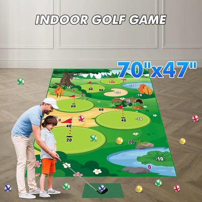 Golf Chipping Game Mat with Club Practice Training Indoor Outdoor Hitting Mat 20-Balls for Kids Adults Play Stick Chip Set