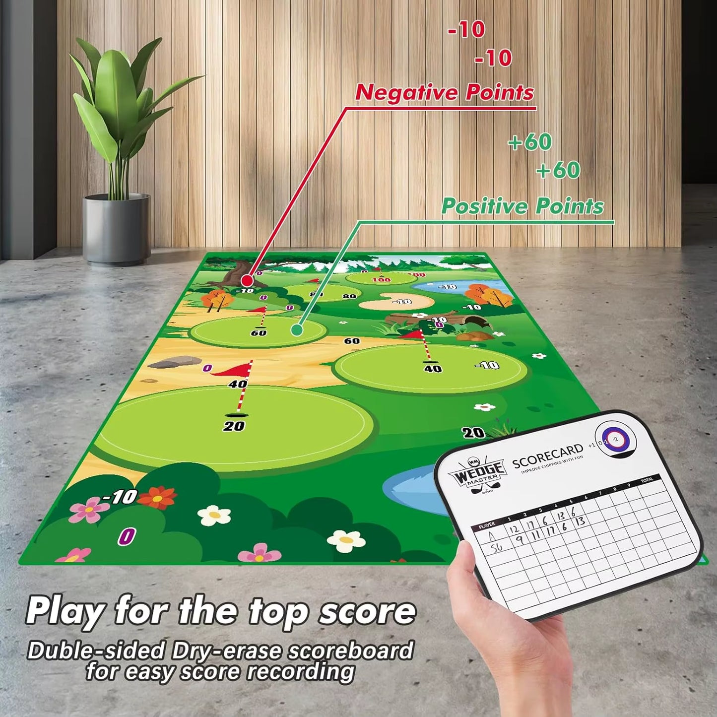 Golf Chipping Game Mat with Club Practice Training Indoor Outdoor Hitting Mat 20-Balls for Kids Adults Play Stick Chip Set