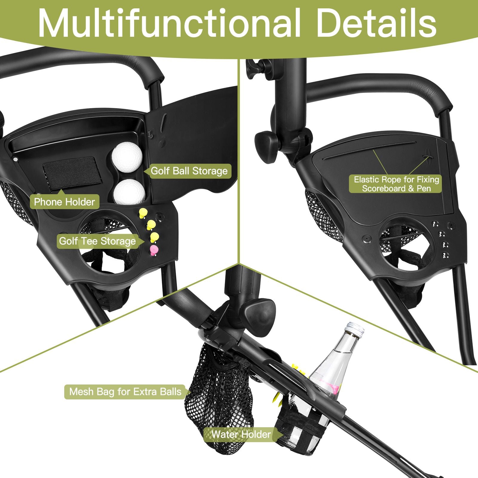 3 Wheel Folding Golf Push Cart with Adjustable Handle and Foot Brake