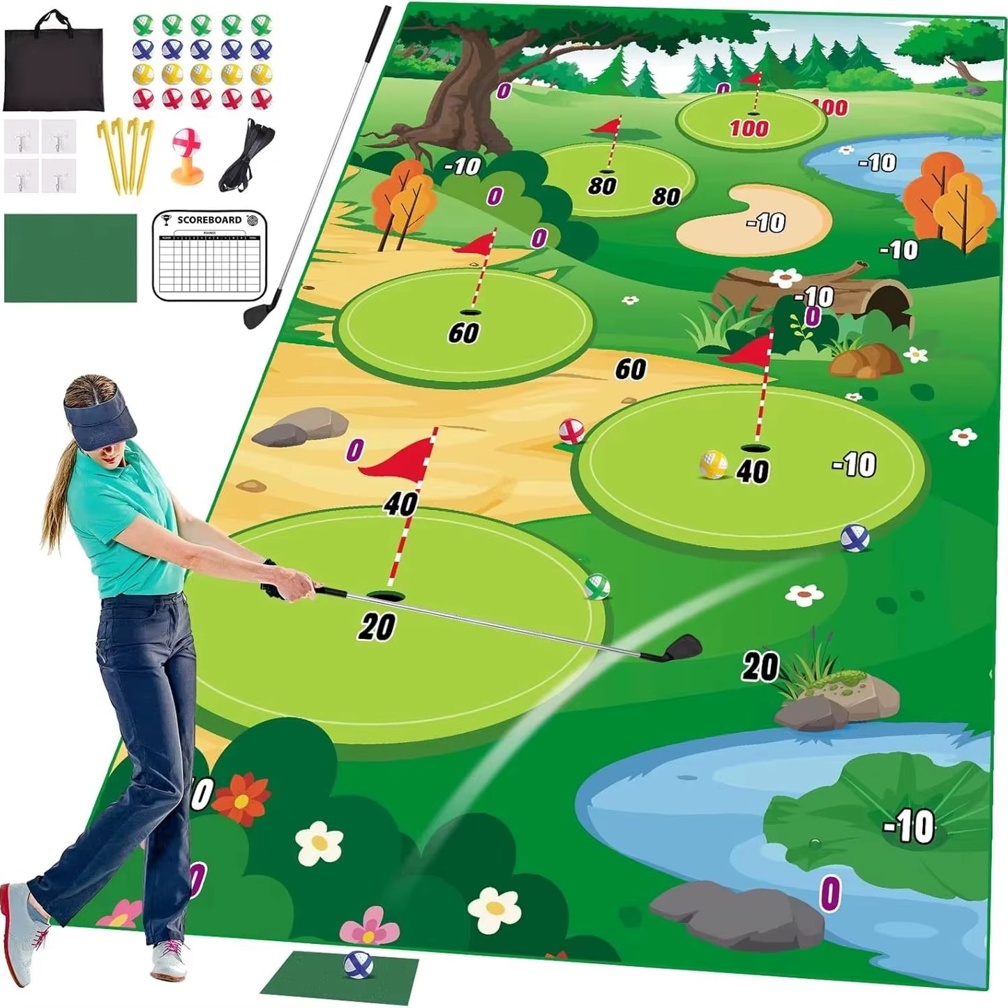 Golf Chipping Game Mat with Club Practice Training Indoor Outdoor Hitting Mat 20-Balls for Kids Adults Play Stick Chip Set