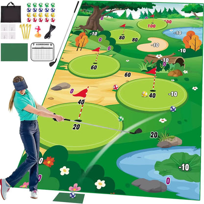 Golf Chipping Game Mat with Club Practice Training Indoor Outdoor Hitting Mat 20-Balls for Kids Adults Play Stick Chip Set