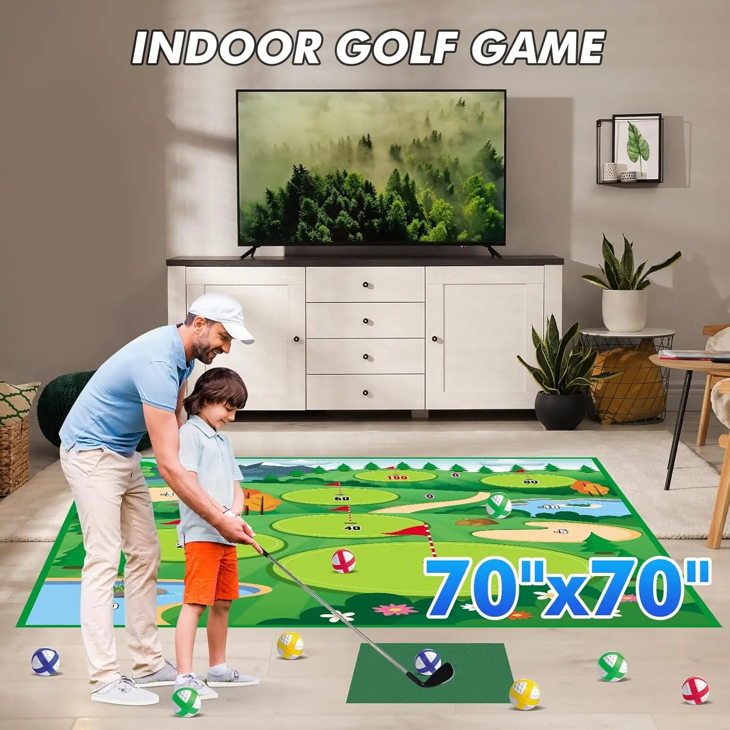 Golf Chipping Game Mat with Clubs Chip Golf Set Indoor Outdoor for Kids/Big kids Golf Mat Game