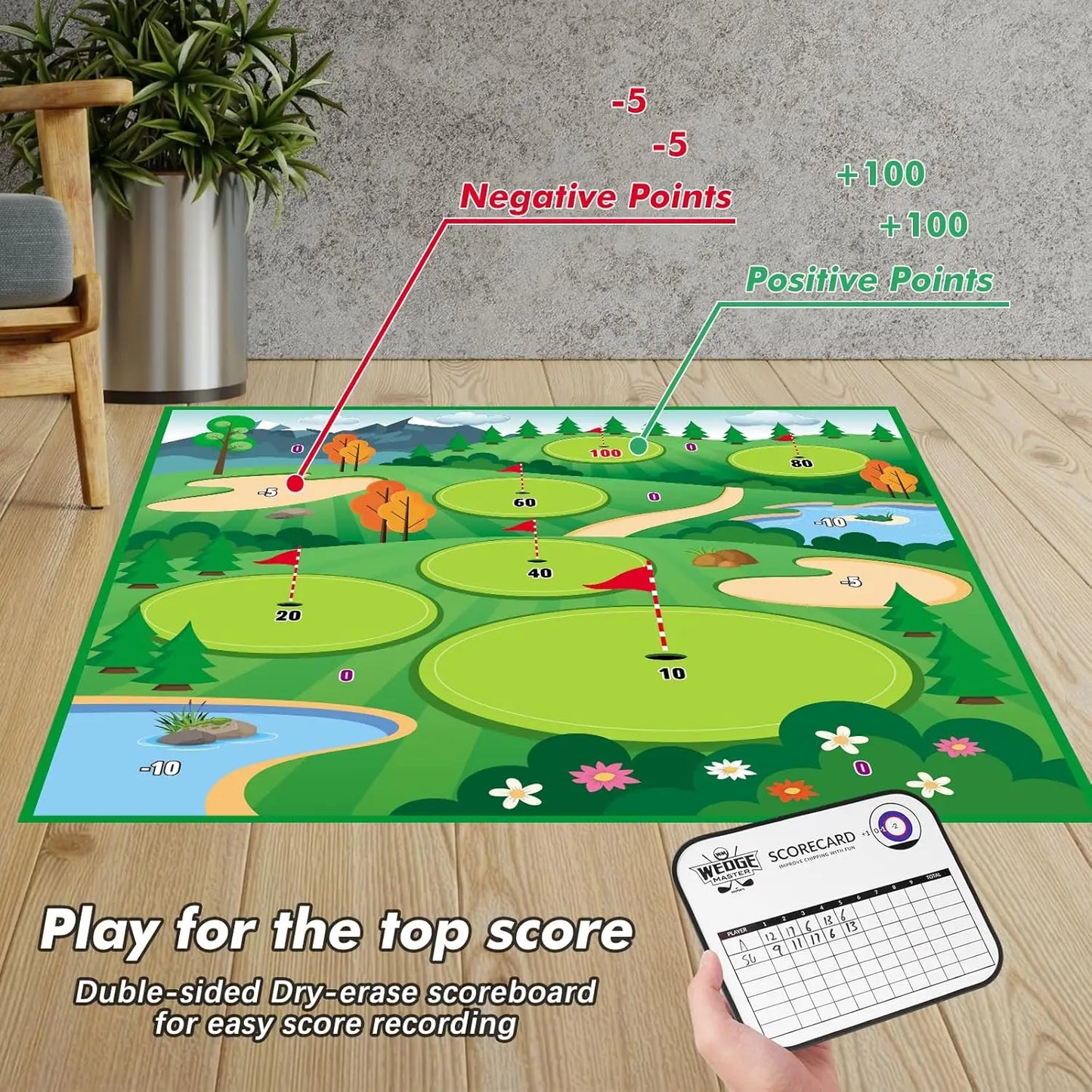Golf Chipping Game Mat with Clubs Chip Golf Set Indoor Outdoor for Kids/Big kids Golf Mat Game
