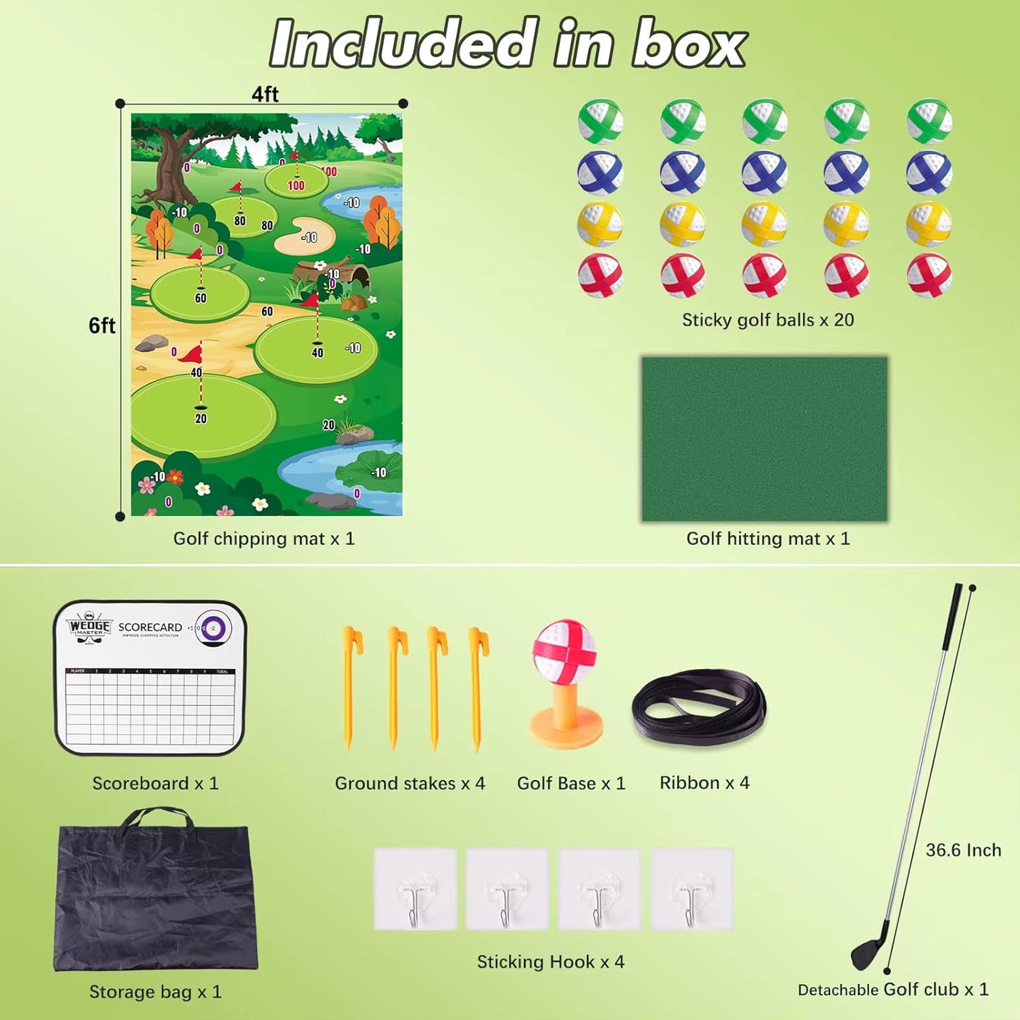 Golf Chipping Game Mat with Club Practice Training Indoor Outdoor Hitting Mat 20-Balls for Kids Adults Play Stick Chip Set