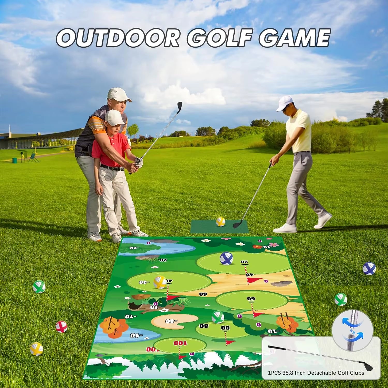 Golf Chipping Game Mat with Club Practice Training Indoor Outdoor Hitting Mat 20-Balls for Kids Adults Play Stick Chip Set